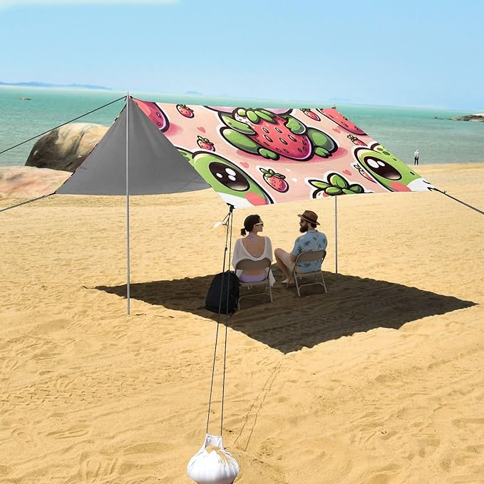 ALAZA Frog Strawberry Beach Tent Sun Shelter UPF50+ Protection Beach Shade Canopy w/ 4 Sandbags for Outdoor Camping Fishing Backyard Fun Picnic 10x9 ft