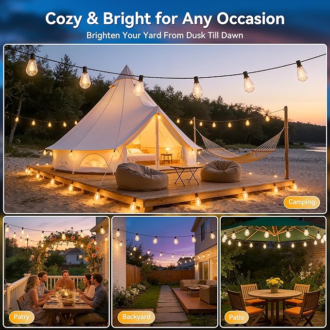 Ollny S11 50FT Solar String Lights Outdoor with Remote Waterproof Dimmable Patio Lights with Timer &amp 3 Lighting Modes 16 Shatterproof Edison Bulbs String Lights for Outside Backyard Party Décor