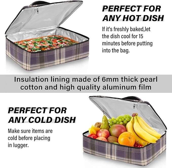 Casserole Carrier Purple and Brown Tartan Plaid Print Insulated Casserole Carrier for Hot or Cold Food Thermal Lunch Tote for Parties Picnic Travel Carry Bag