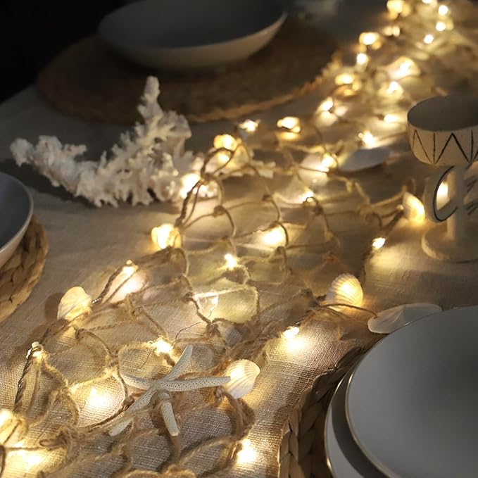 Seashell Garland 6.0FT (Length) × 0.5FT (Height) Rectangular Net Lights Beach Decor USB Battery Operated Ocean Light with Real Starfish Sand Dollars - Magic Conch Shell Beach Decorations for Home
