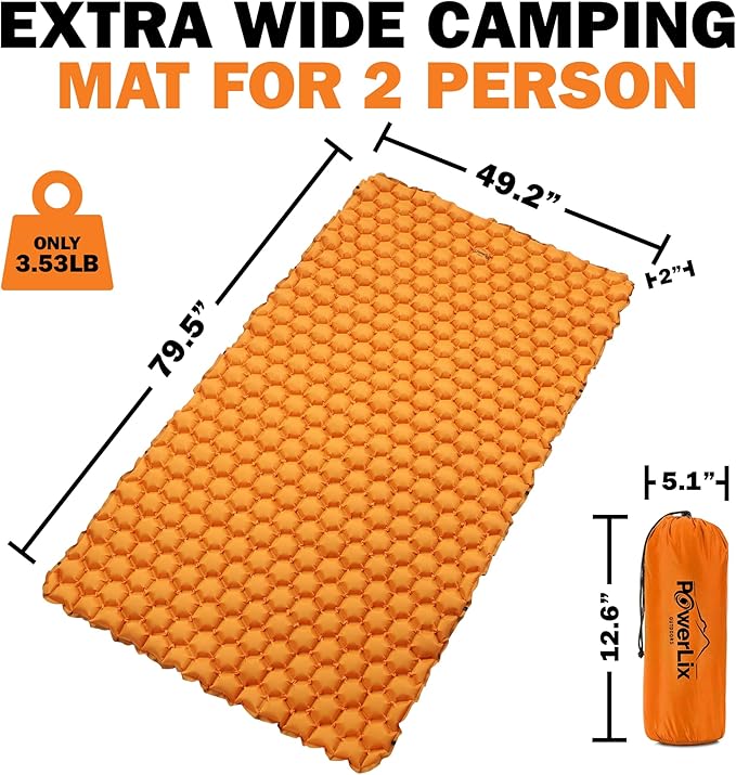 POWERLIX Double Inflatable Sleeping Pad - Camping Mattress for Backpacking Hiking Traveling Compact Camping Sleeping Mat for 2 Person Portable Ultralight Camping Pad Air Mattress Orange
