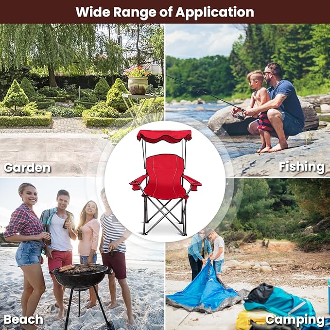 KOTEK Camping Chair with Canopy Portable Canopy Chair with Shade Cup Holder &amp Carry Bag Outdoor Folding Chairs for Sports Events Fishing Beach Picnic Hiking Travel (Red)