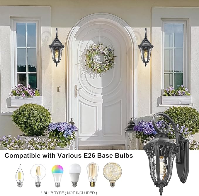 Outdoor Porch Lights Wall Mount Outdoor Sconce Lighting Waterproof Exterior Porch Light Anti-Rust Aluminum Outside Latern with Water Ripple Glass for House Yard Hallway Doorway Patio