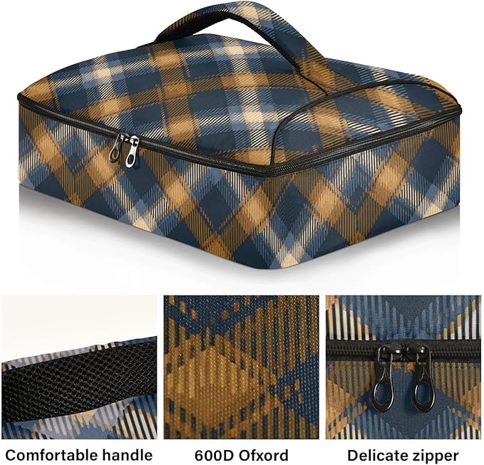 Casserole Carrier Pattern Blue Brown Tartan Plaid Insulated Casserole Carrier for Hot or Cold Food Thermal Lunch Tote for Parties Picnic Travel Carry Bag