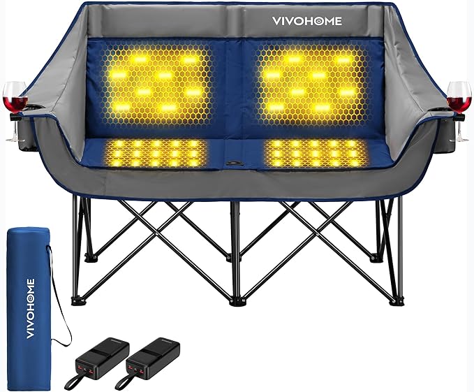 VIVOHOME 45W Padded Heating Double Camping Chair with 2 x 27000mAh Power Bank Heated Oversized Portable Loveseat for Outdoor Sports 3 Levels of Heat Overheat Protection System Navy Blue and Gray