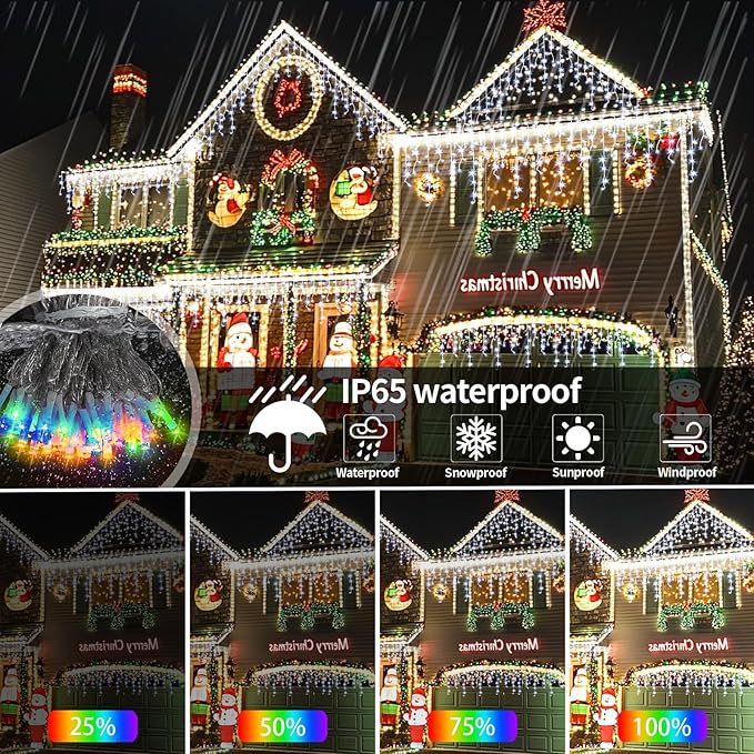 Solar Christmas Lights Outdoor 66+16Ft 660LED Multicolor &amp Cool White Dual Color Changing Icicle Lights 2400mAH Connectable Rechargeable Dimmable Remote 8 Modes for Xmas House Roof Holiday Party