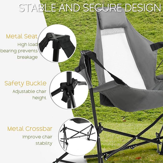 Hammock Folding Camping Chair - Outdoor Portable Swing Camp Chairs with Stand Adults Rocking Swinging Chair for Beach Lawn Patio (Grey)