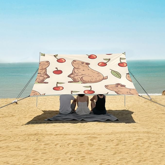 Capybaras Cherry Camping Sun Shelter Beach Tent Portable Beach Sun Shade Outdoor Canopy for Camping Trips Fishing Picnic
