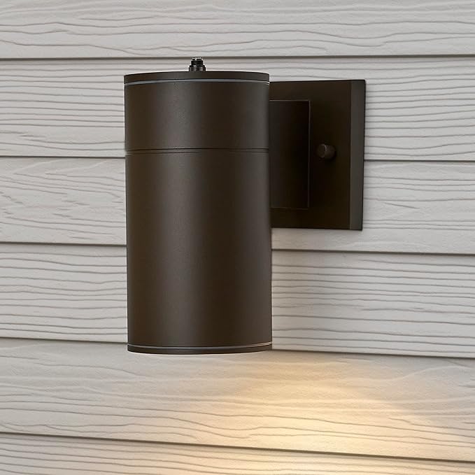 Maxxima Cylinder LED Outdoor Wall Light Modern Wall Wash 12 Watt 840 Lumens 3000K Warm White Sconce Dusk to Dawn Sensor Brown