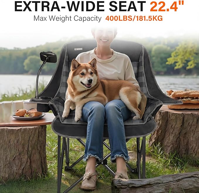 Oversized Camping Chairs for Adults- Heavy Duty Extra Large Lawn ChairFolding Comfy Padded Camp Chair for Outdoor Sports Garden Beach FishingWide&ampThickBlack Plaid