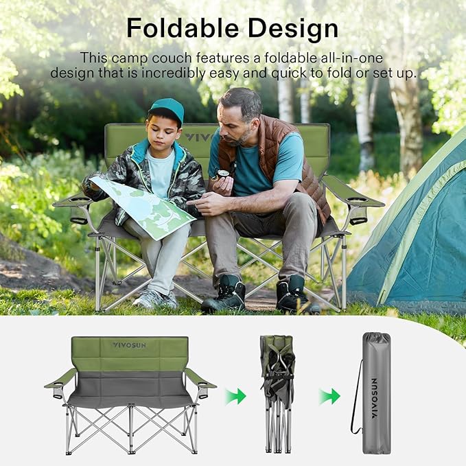 [outlets]VIVOSUN Double Camping Chair Fully Padded Folding Loveseat Portable Oversized Duo Chair with Storage Cup Holders Height-adjustable Armrests &amp Carry Bag Supports up to 500lbs Green &a