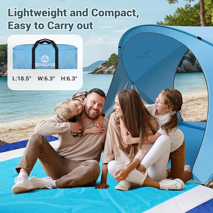 Beach Tent Sun Shelter Beach Tent with Beach Mat Set 4 Person Portable Beach Shade Canopy with UPF 50＋ UV Protection Dual-Door Ventilation Design Easy Setup Family Beach Umbrella (Blue)
