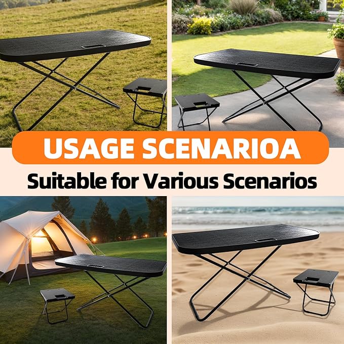 Car Camping Portable Table Compatible with 2021-2024 Tesla Model Y Camping Outdoor Folding Table with 2 Pack Collapsible Stool Tailbox Car for Travel Hiking Picnic BBQ Fishing Beach