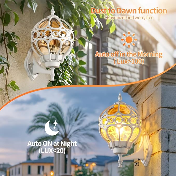 Globe Outdoor Wall Lights with Dusk to Dawn SensorWaterproof White Sphere Outside Wall Light Fixtures Anti-Rust Exterior Aluminum Round Porch Lights for Patio Porch Backyard GarageLarge