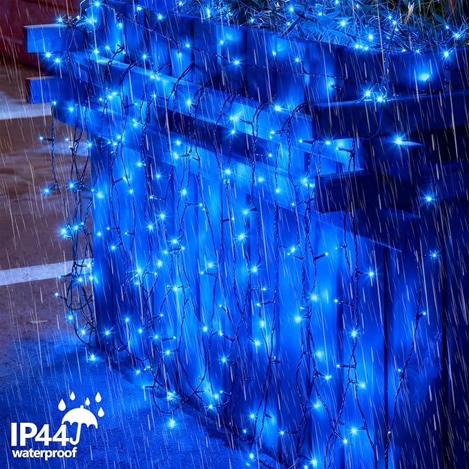 YEGUO Christmas Lights Battery Operated 2 Pack Each 33ft 100 LED Blue String Lights Outdoor Waterproof 8 Modes Green Wire Fairy Light Indoor with Remote