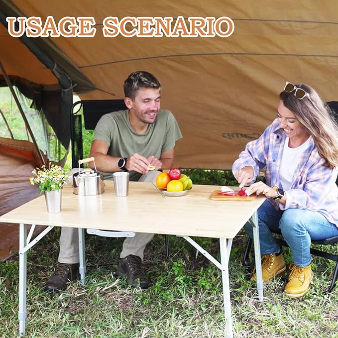 KingCamp Bamboo Folding Camping Table with Adjustable Height Aluminum Legs 2-Folds Portable Camp Tables for Travel Picnic 4-6 People