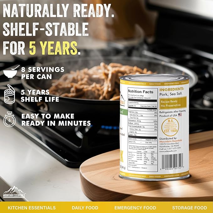 MOUNTAIN ESSENTIALS Canned Pork 14.5 oz – Fully Cooked Ready to Eat – Pantry Staple Meat for Everyday Meals Premium Emergency Survival Bulk Food Storage Camping Hiking &amp Quick Meals – 5-Year