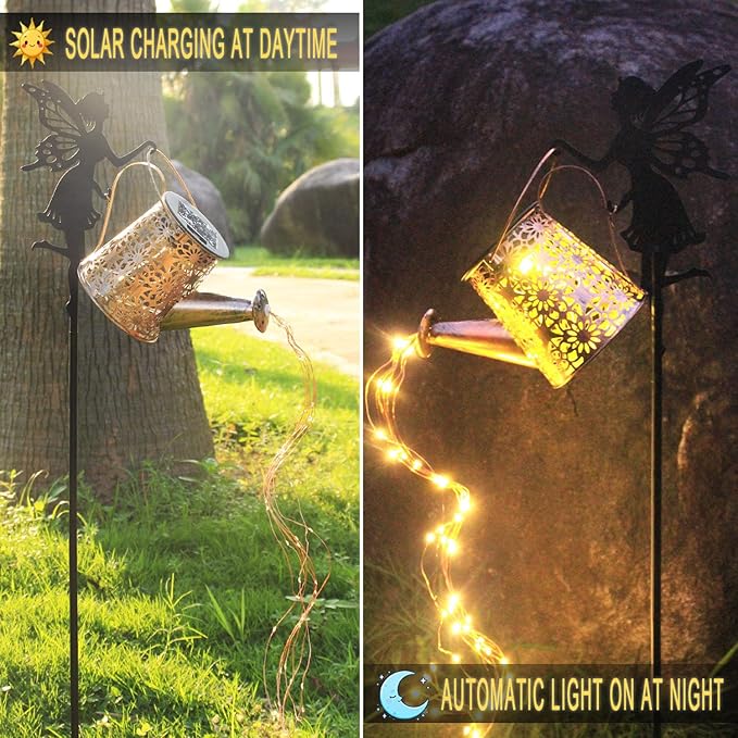 2Pack Solar Watering Can LightsWaterproof Hollowed-Out Retro Metal Outdoor Lights with Fairy or Gnomes AccessoriesGifts for Mom Grandma Women Garden Patio Pathway Christmas Decor(Angel 2 Style)