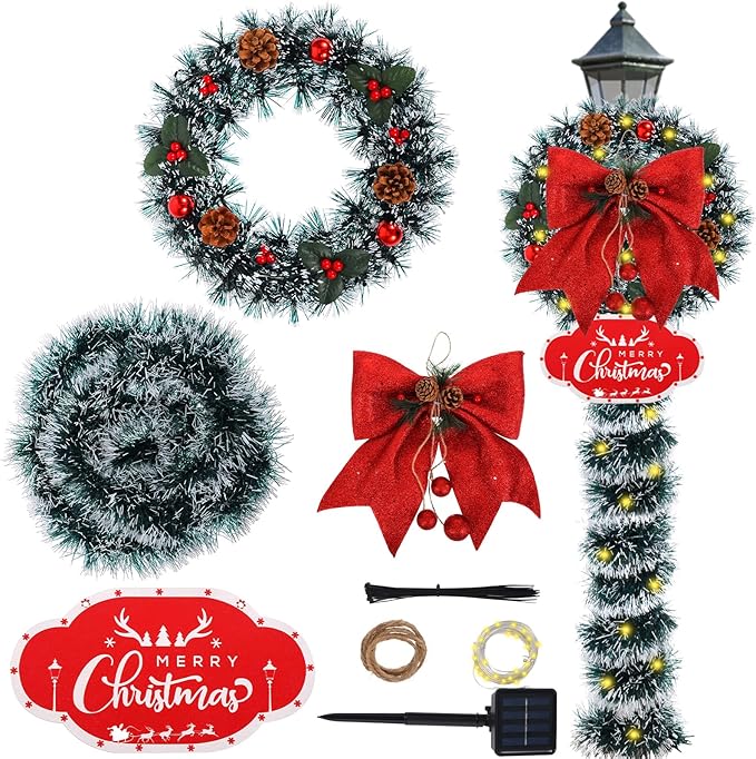 7 Pcs Christmas Lamp Post Decoration Set with Xmas Wreath Large Red Bow and 100 LEDs Solar Strip Light Outdoor Holiday Solar Post Lamp Decor for Garden Patios &ampYards