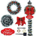 7 Pcs Christmas Lamp Post Decoration Set with Xmas Wreath Large Red Bow and 100 LEDs Solar Strip Light Outdoor Holiday Solar Post Lamp Decor for Garden Patios &ampYards