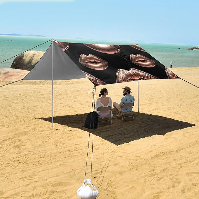 ALAZA Rose Gold Lips Beach Tent Sun Shelter UPF50+ Protection Beach Shade Canopy w/ 4 Sandbags for Outdoor Camping Fishing Backyard Fun Picnic 10x9 ft