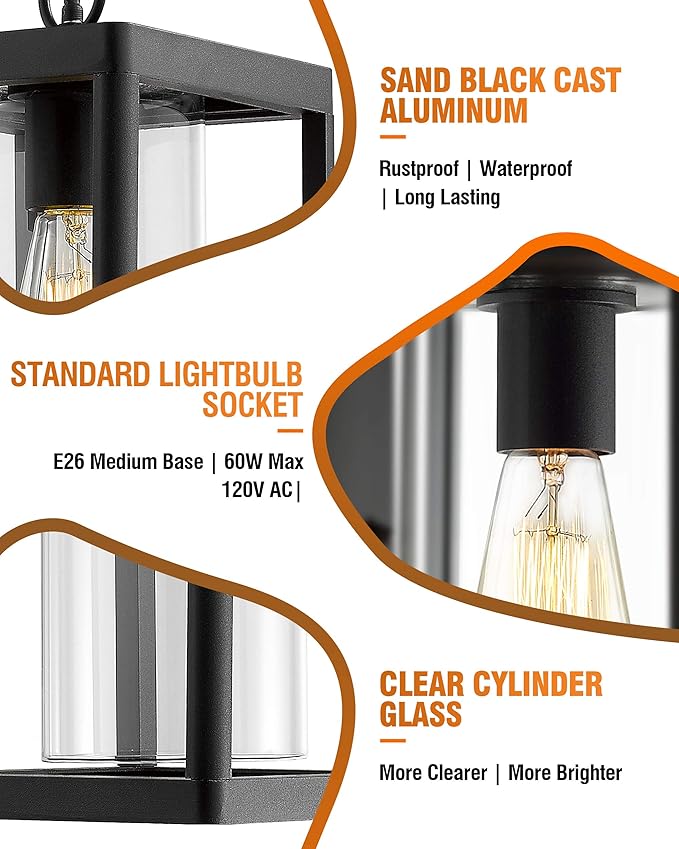 Beionxii Outdoor Pendant Light Modern Exterior Hanging Porch Lantern Black Cast Aluminum w/Clear Cylinder Glass - A291H-1PK