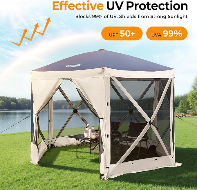 Tecoom 6-Sided 10x10ft Pop Up Gazebo Tent Screen House with Mosquito Netting Canopy for Camping Portable Sun Shelter with Removable Siedwalls for Outdoor Garden Activities