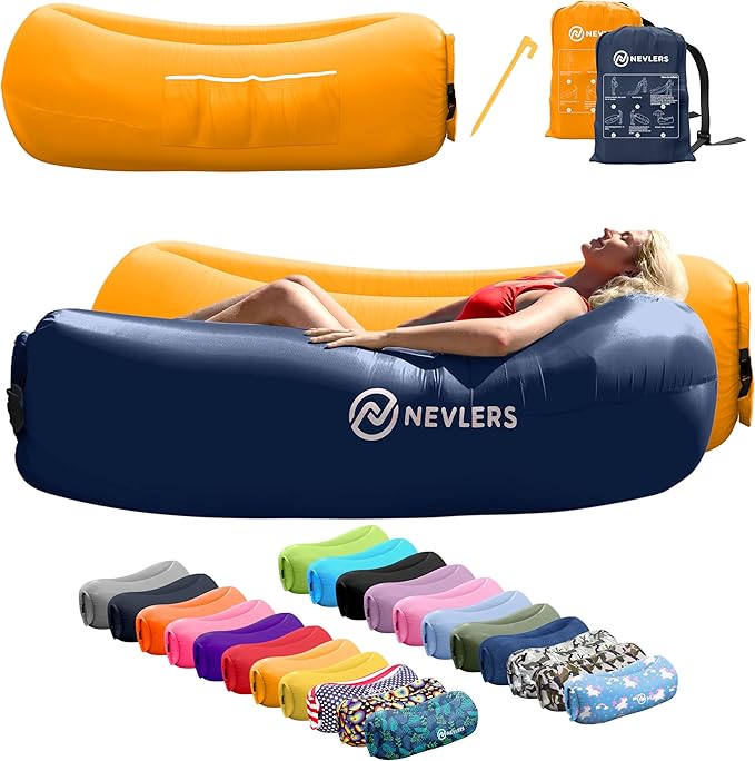 Nevlers Navy &amp Saffron Inflatable Lounger 2 Pack | 210T Polyester Blow Up Couch | No-Pump Inflatable Chair Set | Air Couch w/ 450 lbs. Capacity Pockets &amp Carry Bags for Use as Beach Accessori