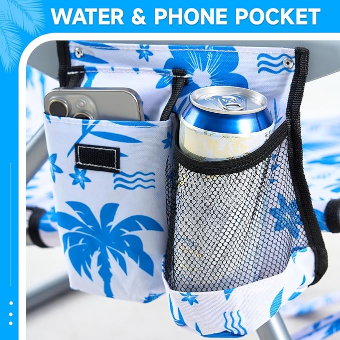 2 Pack Lightweight Portable Camping Beach Chair for Adults Outdoor Lay Flat Folding Beach Chairs with 5 Positions Backpack Beach Chair with Towe Zipper Pouch Cup Holder Blue Coconut Tree