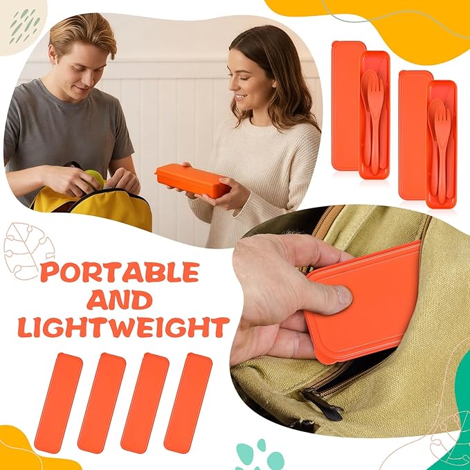 Jinei 50 Sets Reusable Travel Utensils Set with Case Wheat Straw Cutlery Portable Spoon Knife Forks Lunch Box Accessories Friendly Tableware for Kids Adults Camping Utensils(Orange)