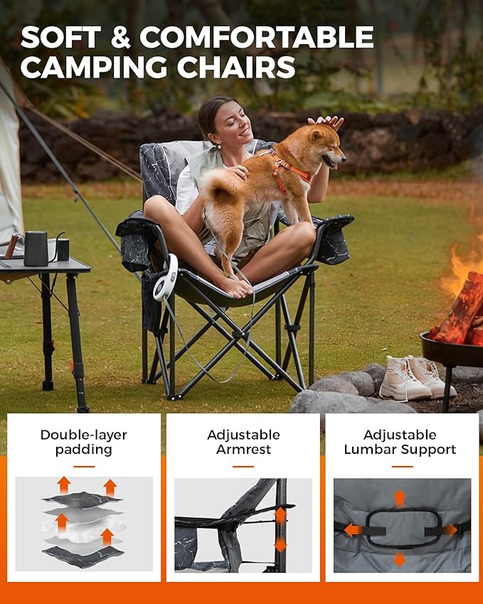 KingCamp Oversized Camping Folding Chair Heavy Duty 450 LBS with Lumbar Support Padded seat with Cup Holder&ampCooler Bag Ideal for Camp Fishing Sports Event Backyard Patio Lawn (Lava Grey)