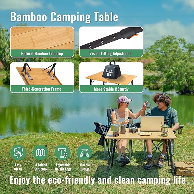 KingCamp Oversized Camping Folding Chair Heavy Duty 450 LBS with Bamboo Folding Table4-Fold Portable Camping Table with Visual Adjustable Height