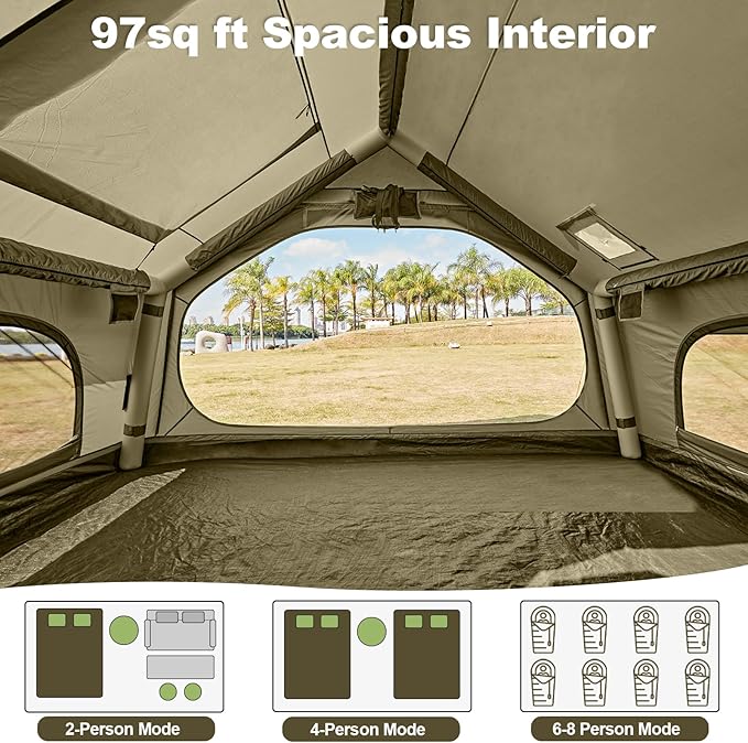 Inflatable Tents for Camping with Stove Jack 2/4/6/8 Person Easy Setup Blow Up Tents for 4 Seasons Waterproof Inflatable Camping Tent with Awning Air House Glamping Tents for Camping Adult