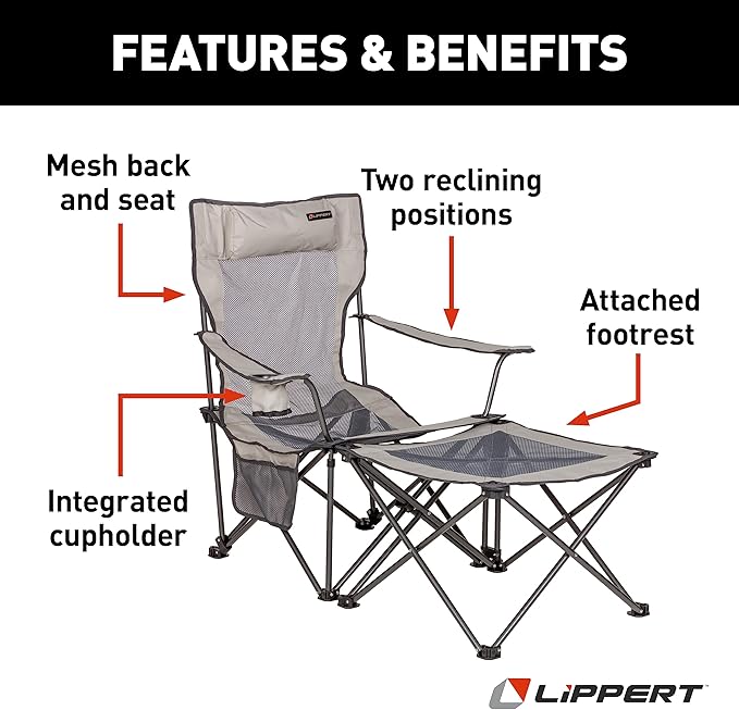 Lippert Sun Soaker Two-Position Vented Reclining Camping Chair with Footrest 600D Polyester Fabric Mesh Back/Seat Padded Headrest Cupholder 250-lb. Weight Capacity Sand Color - 2022114829
