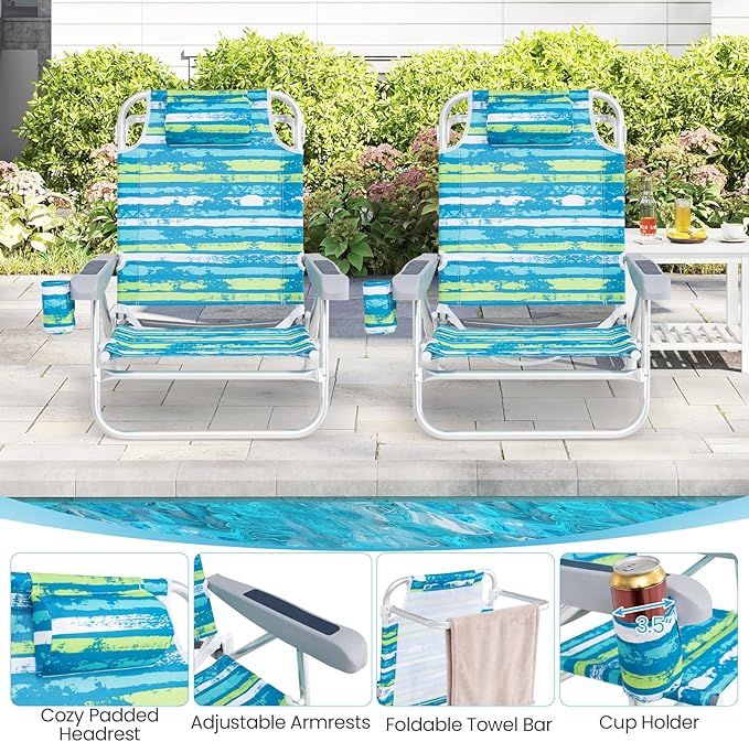 Giantex 2-Pack Folding Camping Chair with 5 Adjustable Positions Head Pillow Towel Bar Armrests &amp Cup Holder Portable Outdoor Backpack Chair for Lay Flat Sunbathing Picnic Beach Green