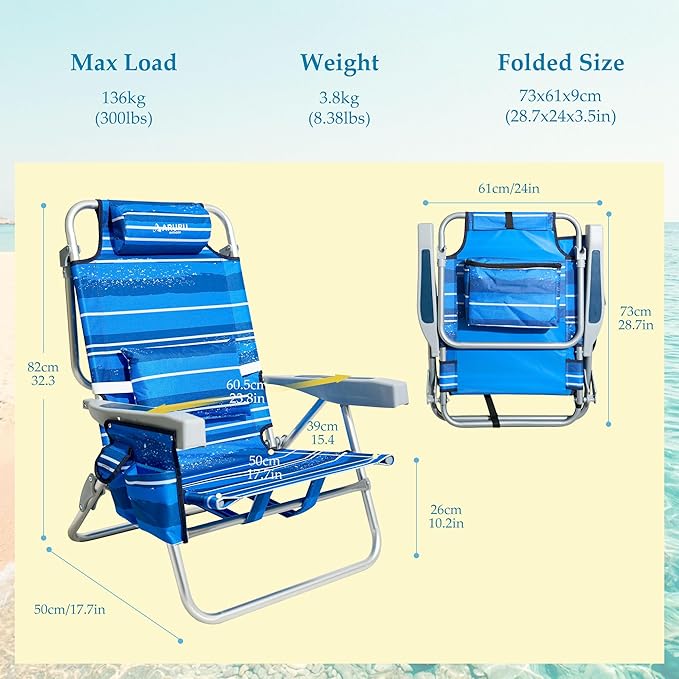 Beach Chairs for Adults Portable Folding Backpack Beach Chair Heavy Duty 5-Position Lay Flat with Cooler Bag Cup Holder for Outdoor/Lawn/Trip/Picnic/Fishing/Camping