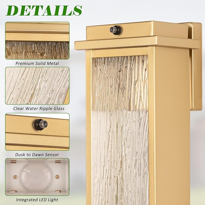16 Dusk to Dawn LED Outdoor Light 2 Packs Gold Outside Porch Lights Wall Mount Large Exterior Lighting Fixtures with Rippled Glass Waterproof Modern Wall Lantern for House Patio