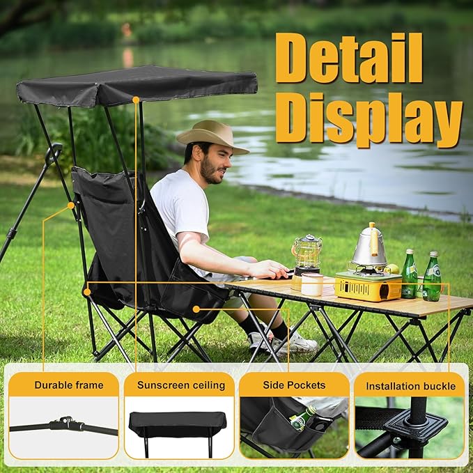 YOUNG WOOD Portable Camping Chair Beach Chair with Shade Canopy Fold Lightweight Oversized for All Easy to Open and Close Without Installation Side Pocket Design for All Outdoor Activities2p