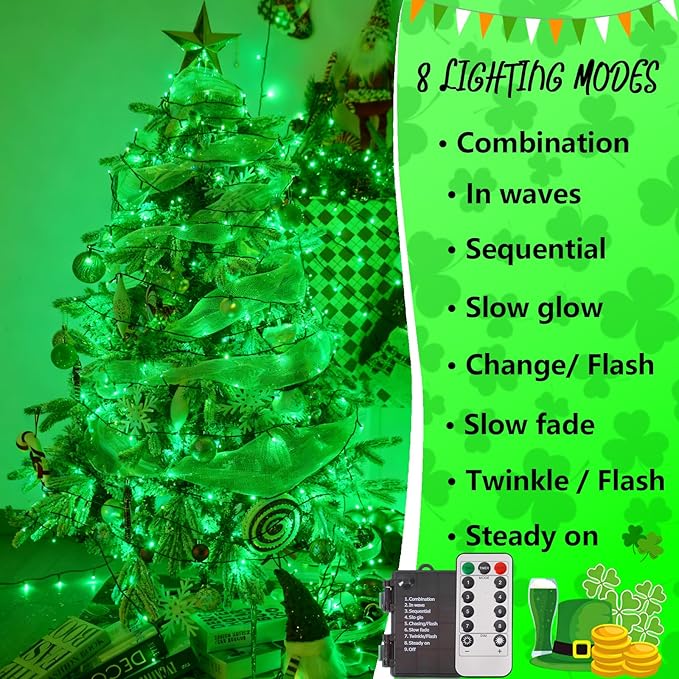 YEGUO Christmas Lights Battery Operated 2 Pack Each 33ft 100 LED Green String Lights Outdoor Waterproof Green Wire Fairy Christmas Light Indoor with Remote