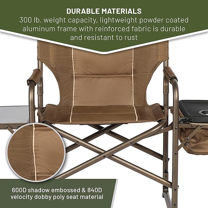 TIMBER RIDGE Folding Camping Chair with Cooler Bag Director Chair Foldable with Side Table for Adults Camp Chairs for Outdoor Lawn Sports Fishing Heavy Duty Supports 300lbs Earth Brown