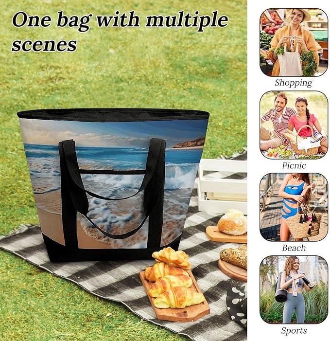 Insulated Shopping BagLarge Reusable Cooler Bags Blue Sea Sandy Beach Printed Foldable Shopping BagTravel Waterproof Shoulder Bag