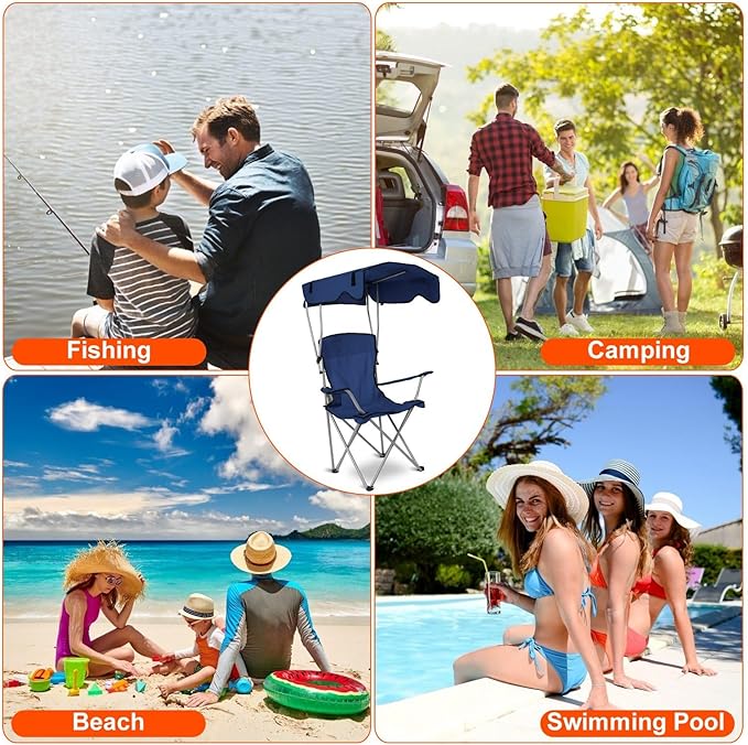Foldable Beach Canopy Chair Camping Chair Fishing Camp Outdoor Lawn Chair Sun Protection 330LBS Load Folding Camping Canopy Shade Seat with Cup Holder For Beach Poolside Travel Picnic (NavyBlue)