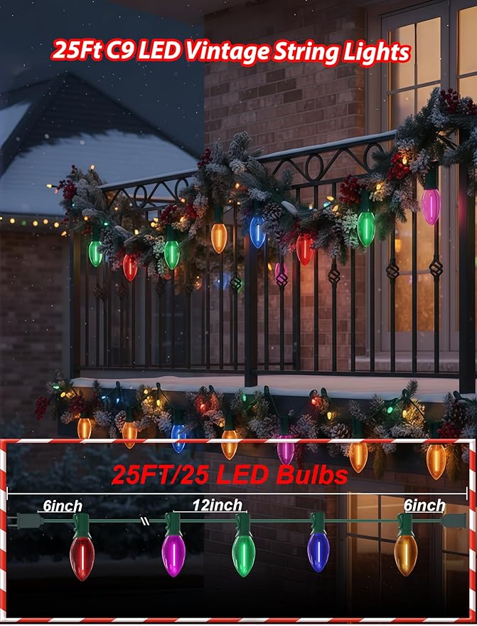 C9 LED Christmas Lights Outdoor25FT Multicolored Christmas Lights with 26 Colorful Clear Multicolor LED BulbsConnectable Old Fashioned Xmas light for Garden Patio Xmas Tree Party Home Decor
