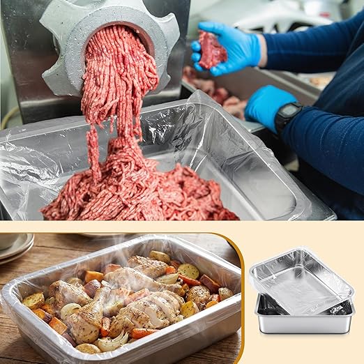 2 Pack 13 L Stainless Steel Commercial Bus Tubs with Lid and 50 Pack Plastic LDPE Meat Lug Liners Food Grade Meat Processing Tubs Lug for Dishwashing Kitchen Restaurant Utility