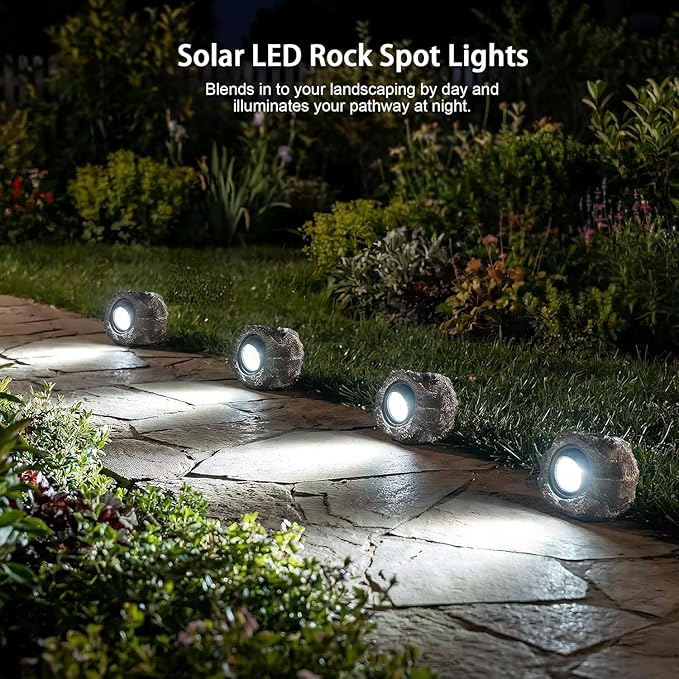Solar Garden Rock Lights Outdoor - IP65 LED Waterproof Solar Spotlight Solar Powered Landscape Lights Decorative Garden Stone Light for Pathway Walkway Yard Patio (4 Pack)
