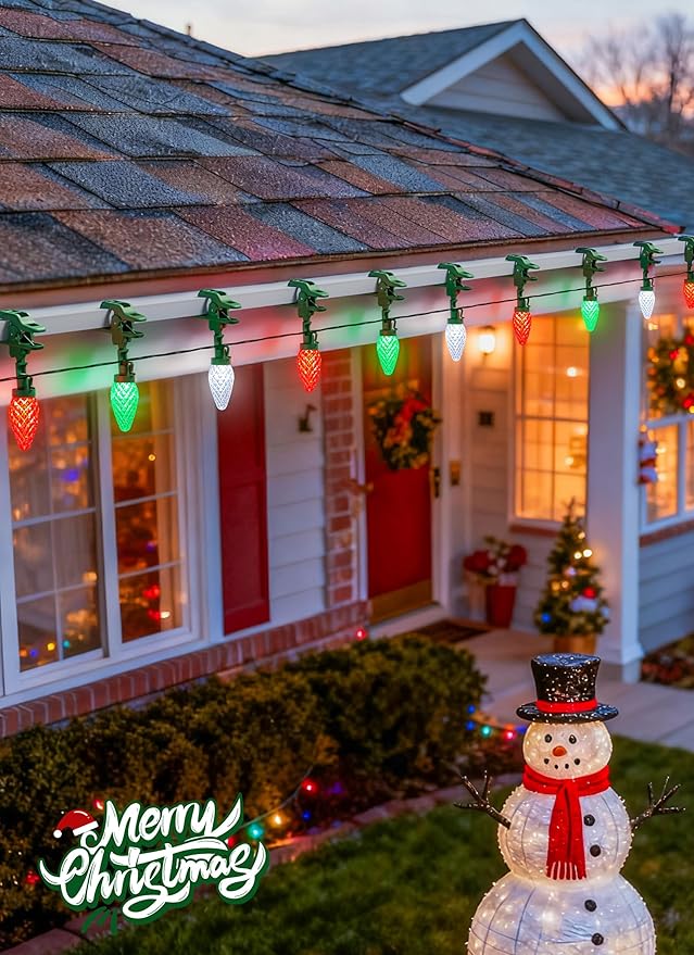 C9 LED Christmas Lights Outdoor 99 Feet 150 LED C9 String Light with 150 Spring Clips Waterproof Connectable Christmas Tree Lights for Outside Roofline Patio Home Xmas Decor Red Green Pure White