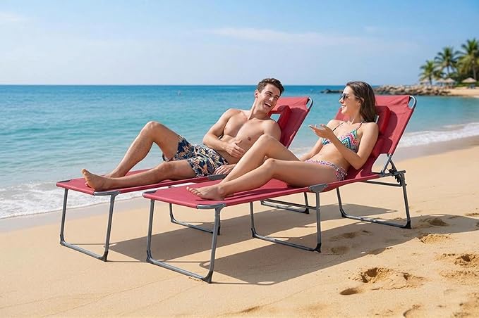 Tanning Chair with Face Hole Folding Beach Lounge Chair 5-Position Adjustable Backrest Face Down Chaise Lounge with Pillow and Side Pocket Portable for Poolside Patio Backyard Beach Red