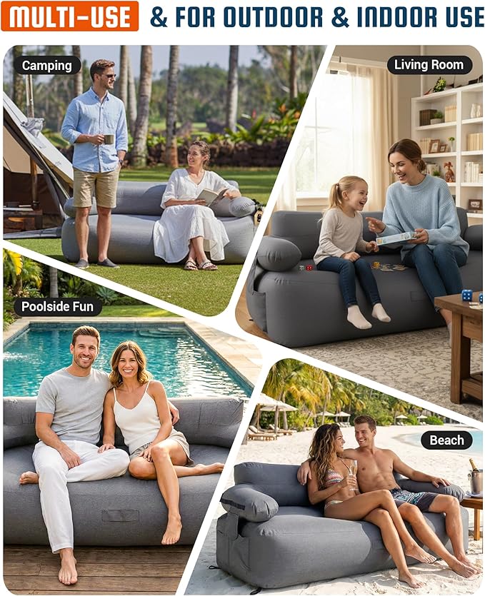 KingCamp Double Camping Inflatable Couch with Built-in Electric Pump 880LB Heavy Duty Outdoor Loveseat Air Sofa 600D Cationic Fabric Dual-Layer 2 Person Inflatable Sofa for Camp Backyard RV Patio