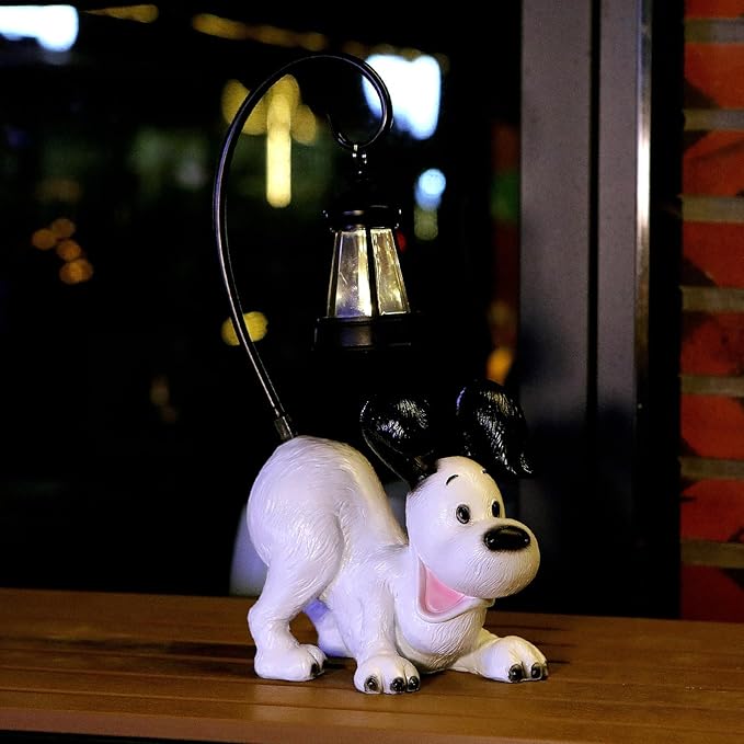 Laughing Dog Figurine with Solar-Powered LED Light 15.9 Inch Tall Perfect for Gift Garden Decor or Housewarming for Dog Lovers White