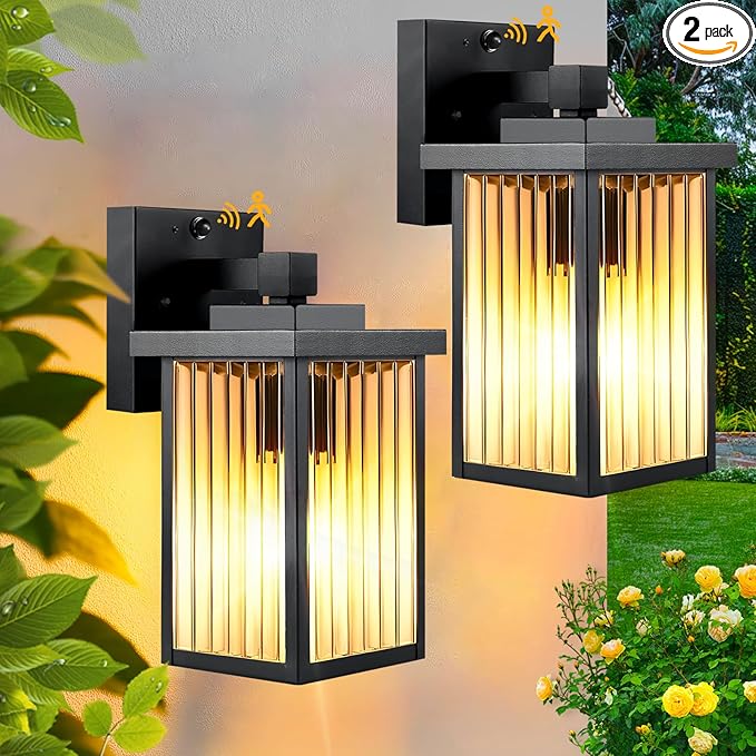 2 Pack Outdoor Motion Sensor Lights Dusk to Dawn Outdoor Wall Light Fixtures Waterproof Exterior Lighting for Front Porch Garage Entryway Yard House (Black)